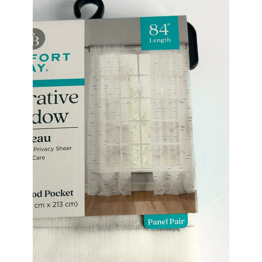 Comfort Bay Moreau Sheer Window Curtain Panels 26x84 White Gray Stripe 2pk